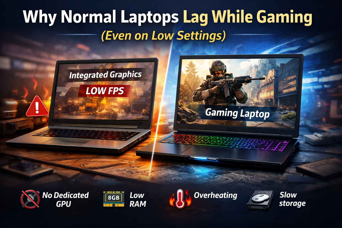 Comparison showing why normal laptops lag while gaming due to integrated graphics, low RAM, overheating, and slow storage