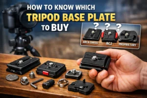 How to choose the right tripod base plate showing Arca-Swiss compatible quick release plate mounted on a tripod head
