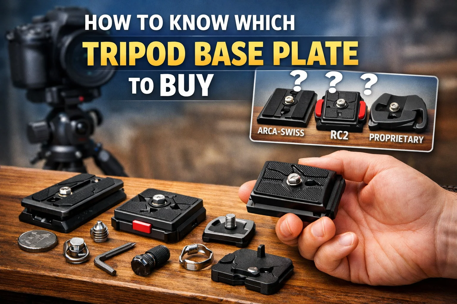 How to choose the right tripod base plate showing Arca-Swiss compatible quick release plate mounted on a tripod head