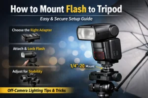 Camera flash mounted on a tripod using a cold shoe adapter with 1/4"-20 mount for stable off-camera lighting setup