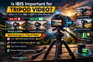 DSLR camera mounted on a tripod showing IBIS turned off with tips explaining whether IBIS is important for tripod video and when stabilization should be enabled.