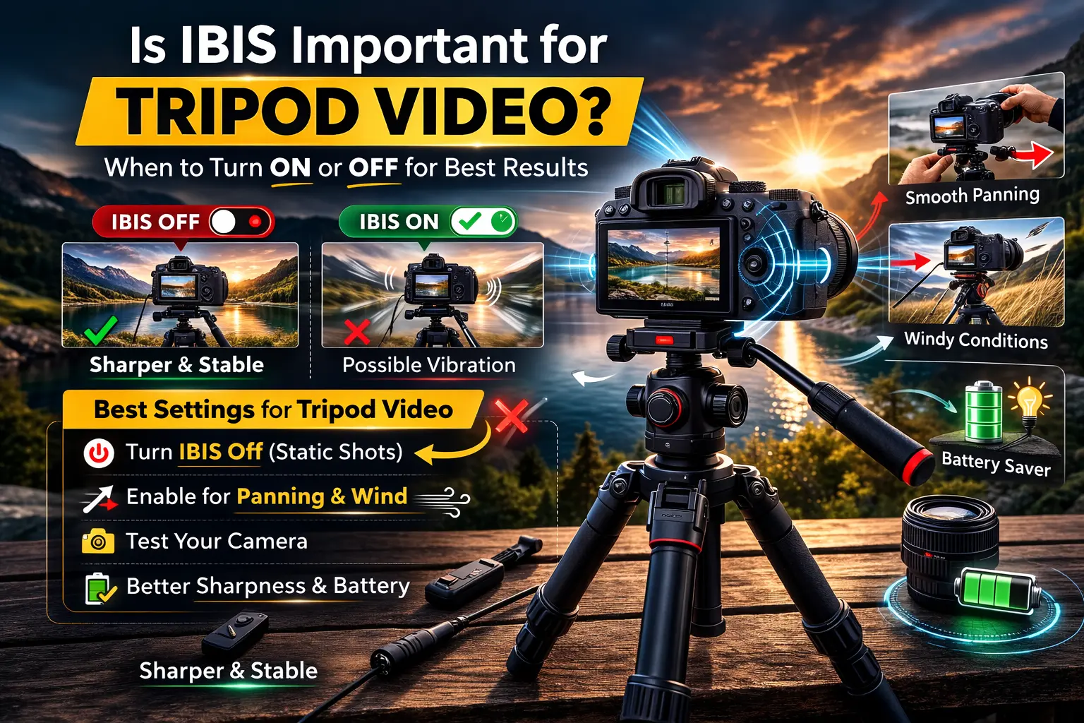 DSLR camera mounted on a tripod showing IBIS turned off with tips explaining whether IBIS is important for tripod video and when stabilization should be enabled.