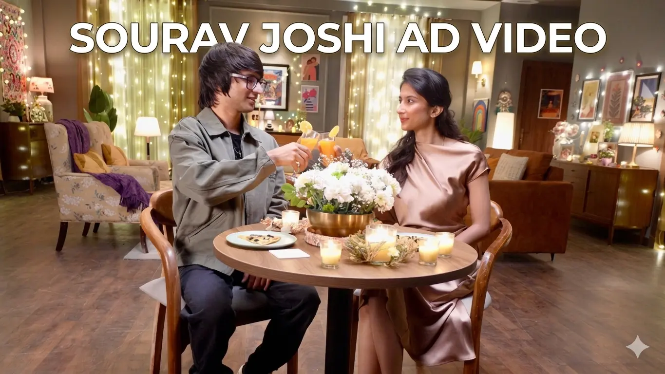 Sourav Joshi and Avantika Joshi in Samsung Galaxy S26 Ultra ad shoot scene showing romantic dinner setup with PrivacyDisplay concept