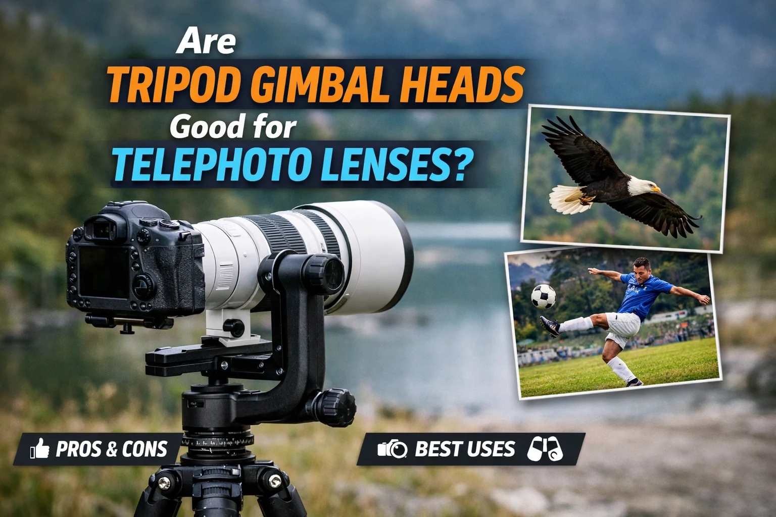 DSLR camera with super telephoto lens mounted on a tripod gimbal head, highlighting wildlife and sports photography use cases
