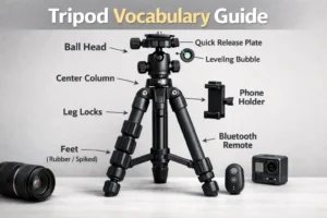 Tripod parts labeled with key terminology including ball head, center column, leg locks, and phone holder