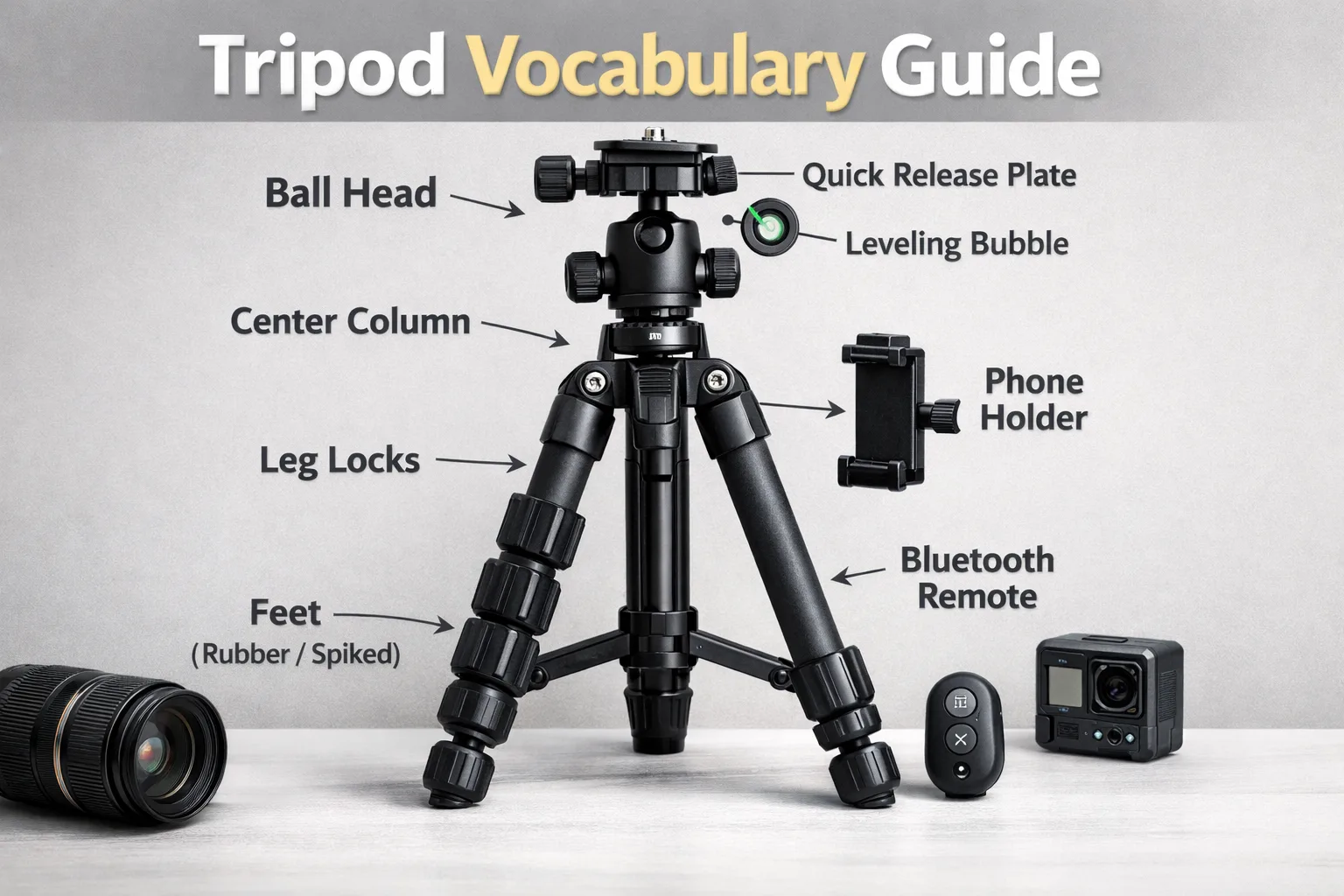 Tripod parts labeled with key terminology including ball head, center column, leg locks, and phone holder