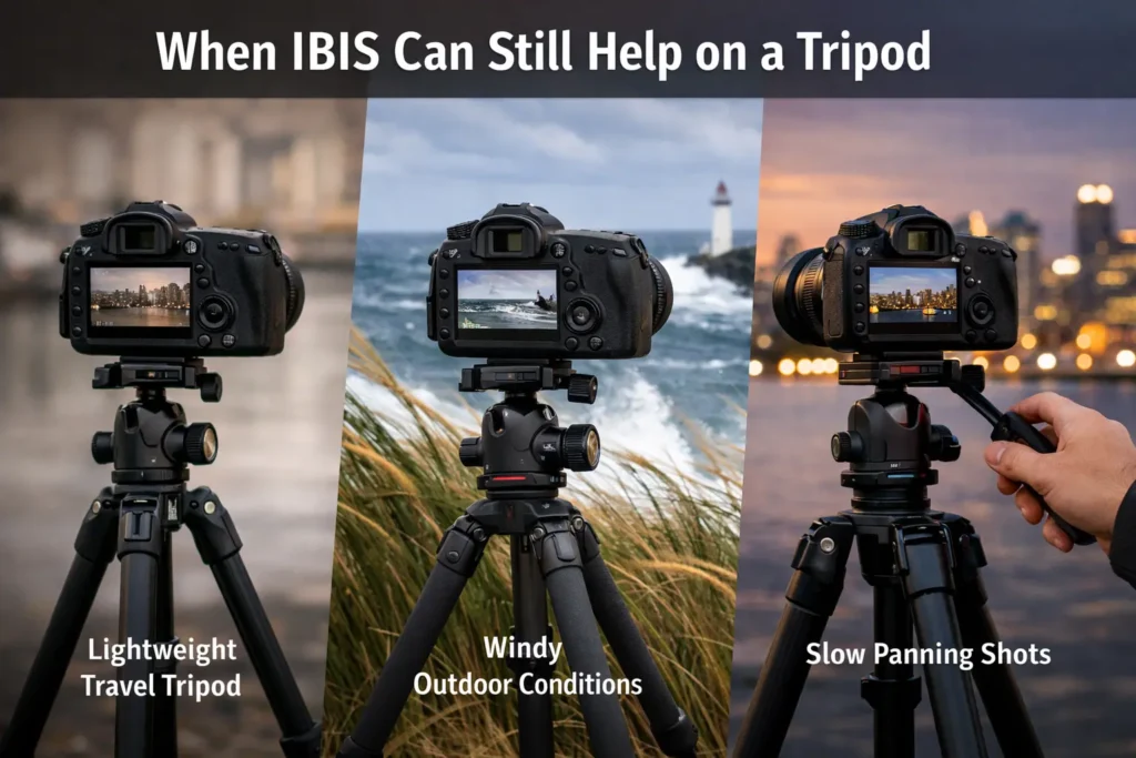 Camera mounted on a tripod demonstrating situations where IBIS can help, including windy outdoor conditions, lightweight travel tripod use, and slow panning video shots.
