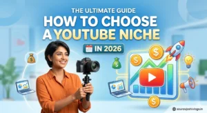 A professional and vibrant blog banner featuring a smiling woman holding a mirrorless camera on a tripod. The background includes the title "THE ULTIMATE GUIDE: HOW TO CHOOSE A YOUTUBE NICHE IN 2026" alongside digital marketing graphics such as growth charts, a YouTube play button, money icons, a rocket ship, and a laptop. The souravjoshivlogs.in logo is visible in the bottom right corner.
