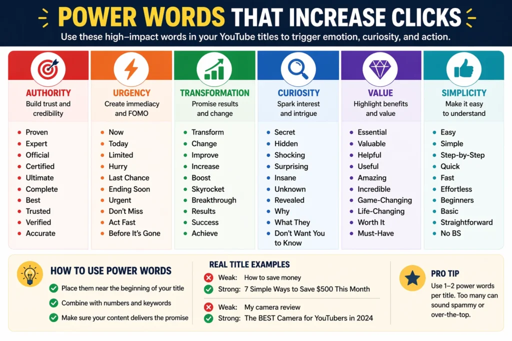 powerful words for YouTube titles including authority, urgency, transformation, curiosity, value, and simplicity words that help improve clicks and CTR