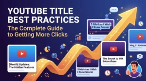 A professional high-resolution blog header featuring the text "YouTube Title Best Practices: The Complete Guide to Getting More Clicks." The design includes a rising golden 3D arrow symbolizing growth, floating YouTube video card mockups with optimized titles, and digital marketing icons on a deep blue gradient background.