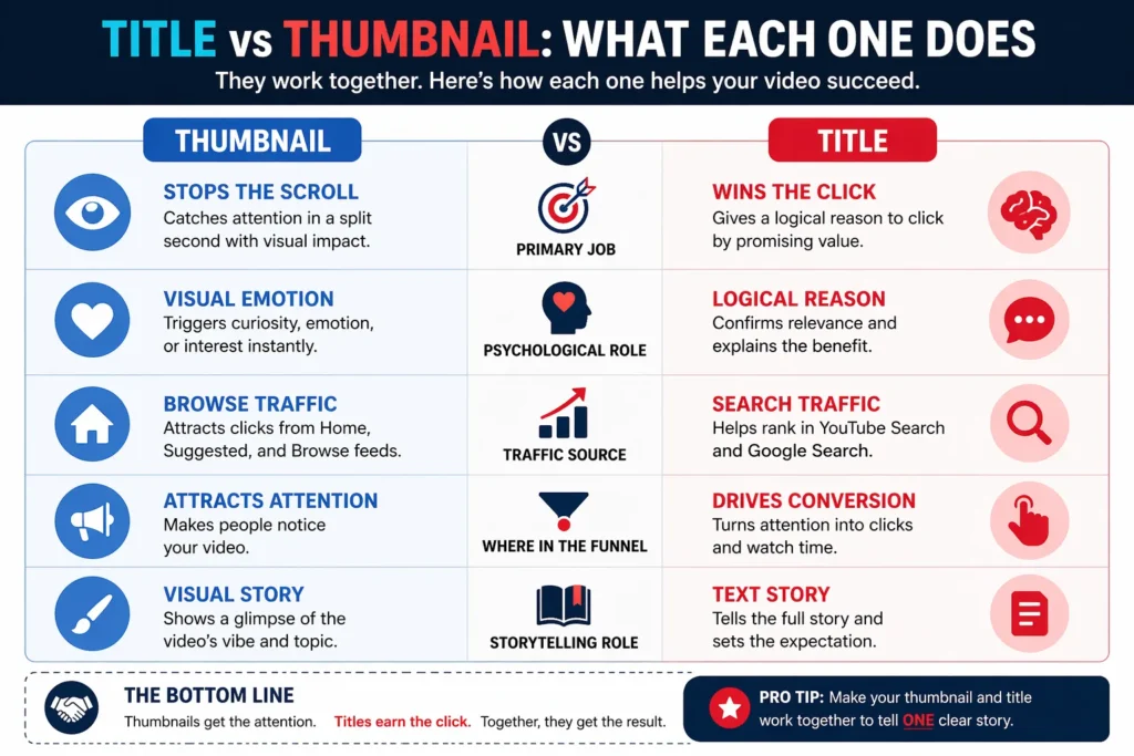 comparing YouTube titles and thumbnails showing how thumbnails stop the scroll and titles win the click for better CTR and video performance
