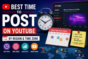 Best time to post on YouTube in 2026 showing the ideal posting schedule for long-form videos and YouTube Shorts with analytics, clock, and YouTube branding.