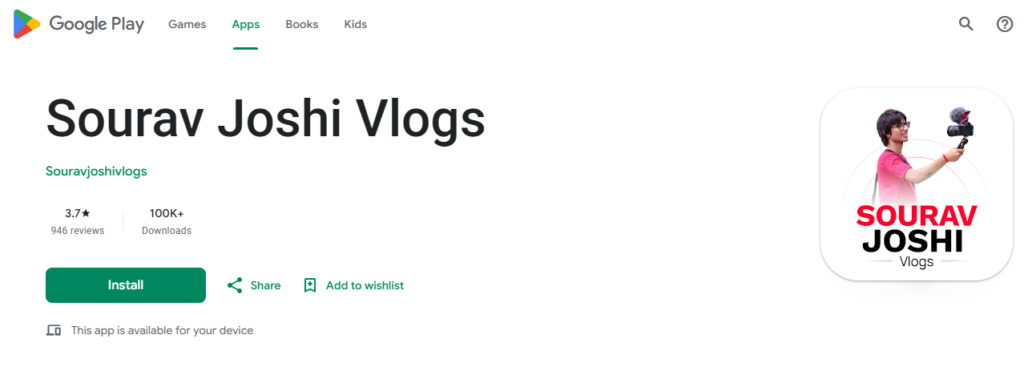 Google Play Store listing of the Sourav Joshi Vlogs App showing app rating, downloads, install button, and app branding.