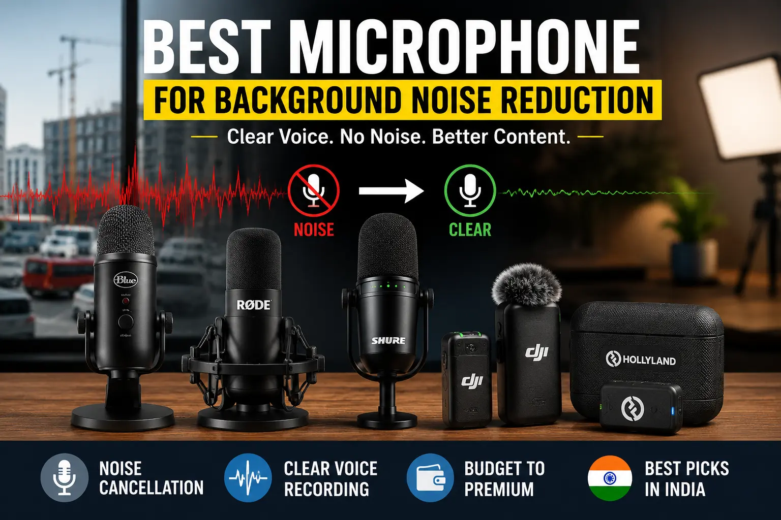 Comparison of the best microphones for background noise reduction, featuring USB, dynamic, and wireless microphones for clear voice recording, YouTube videos, streaming, podcasts, and content creation in noisy environments.