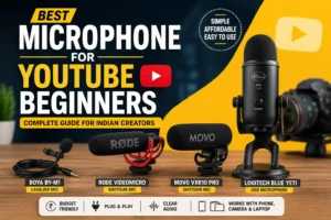 Best microphone for YouTube beginners in India featuring BOYA BY-M1, Rode VideoMicro, MOVO VXR10 Pro, and Logitech Blue Yeti