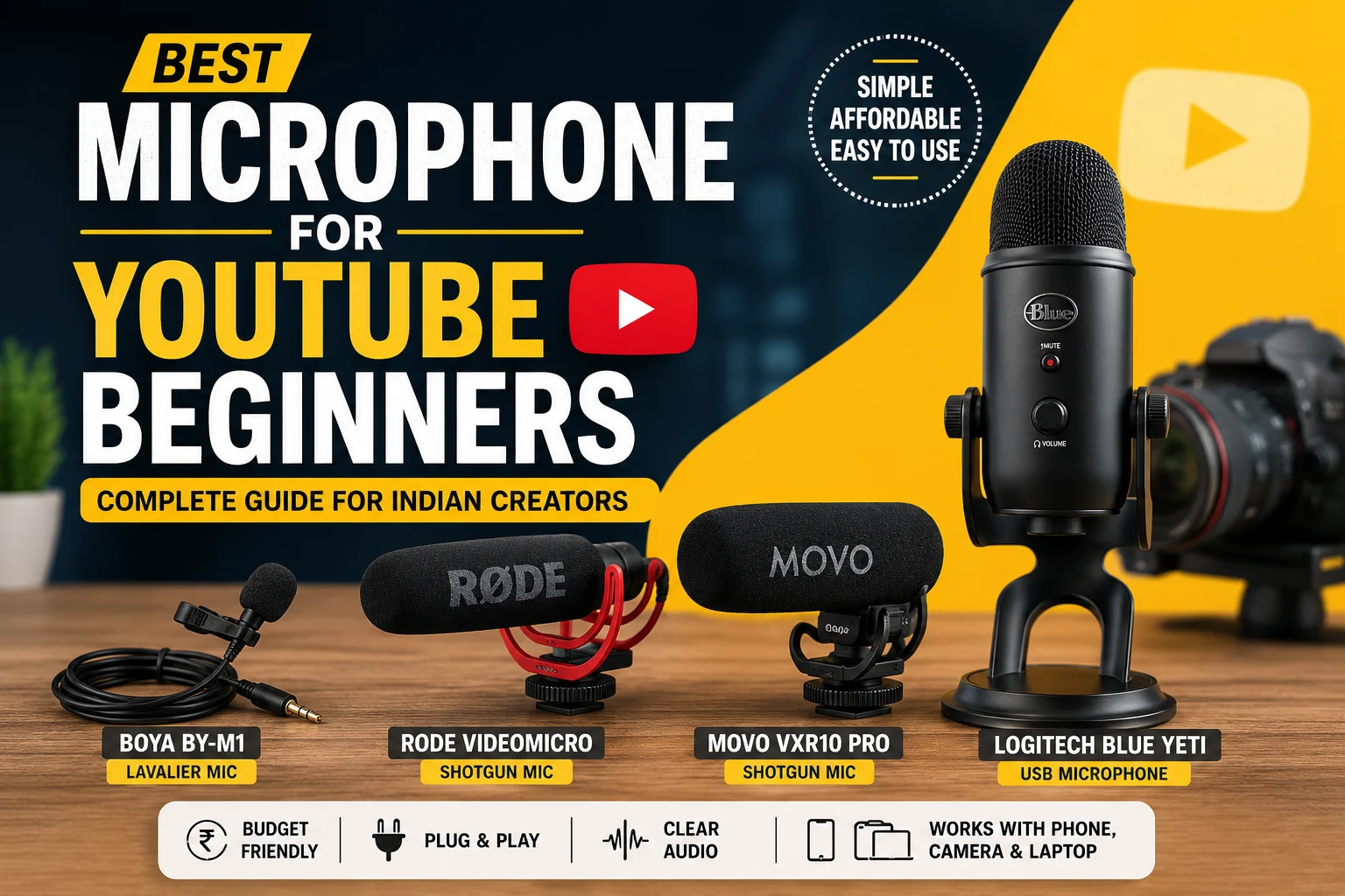 Best microphone for YouTube beginners in India featuring BOYA BY-M1, Rode VideoMicro, MOVO VXR10 Pro, and Logitech Blue Yeti