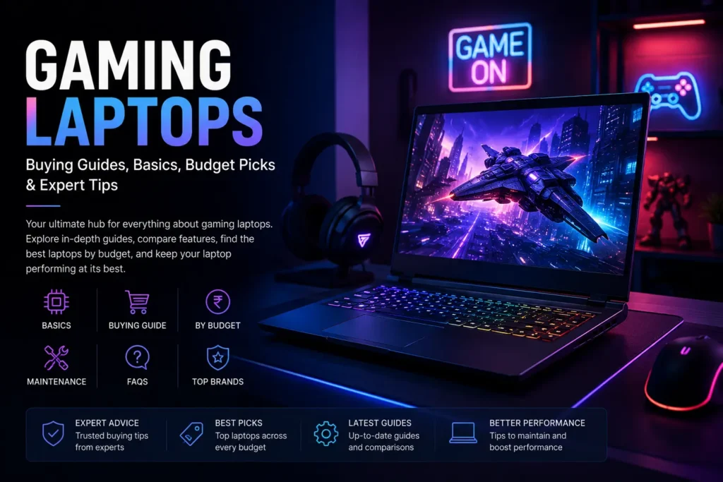 Gaming laptop setup with RGB keyboard and futuristic game display representing gaming laptop buying guides, budget recommendations, maintenance tips, and expert advice for Indian buyers.