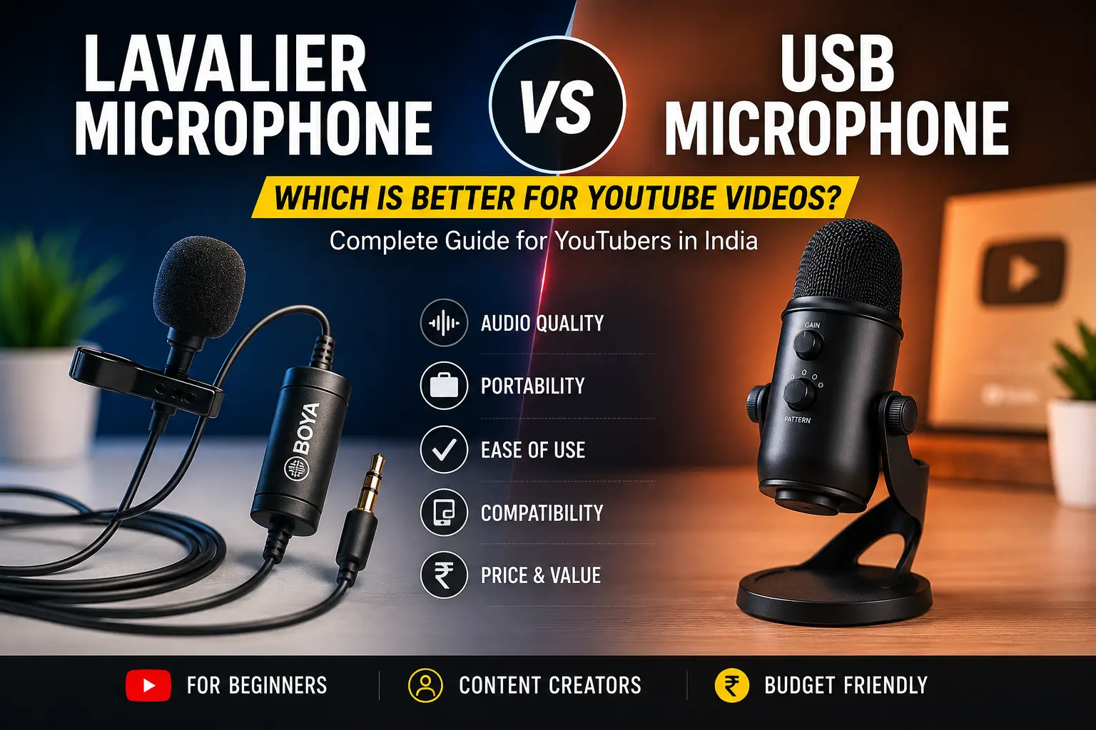Lavalier microphone vs USB microphone for YouTube videos comparison showing collar mic and USB mic for beginner YouTubers in India