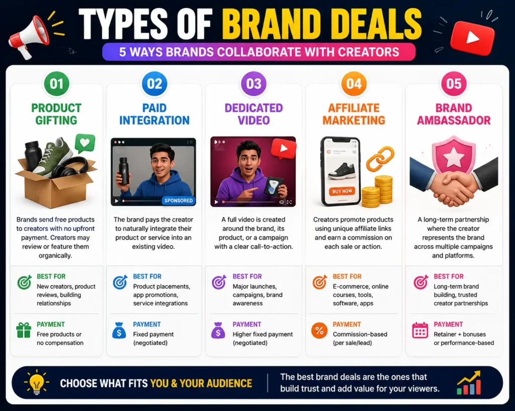 types-of-brand-deals-for-youtubers-india comparing five types of YouTube brand deals: product gifting, paid integration, dedicated video sponsorship, affiliate marketing, and brand ambassador partnerships.