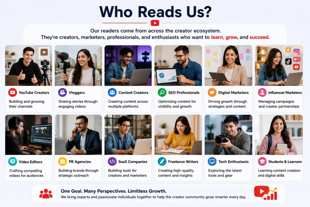 the diverse audience of Sourav Joshi Vlogs, including YouTube creators, vloggers, content creators, SEO professionals, digital marketers, influencer marketers, video editors, PR agencies, SaaS companies, freelance writers, tech enthusiasts, and students.