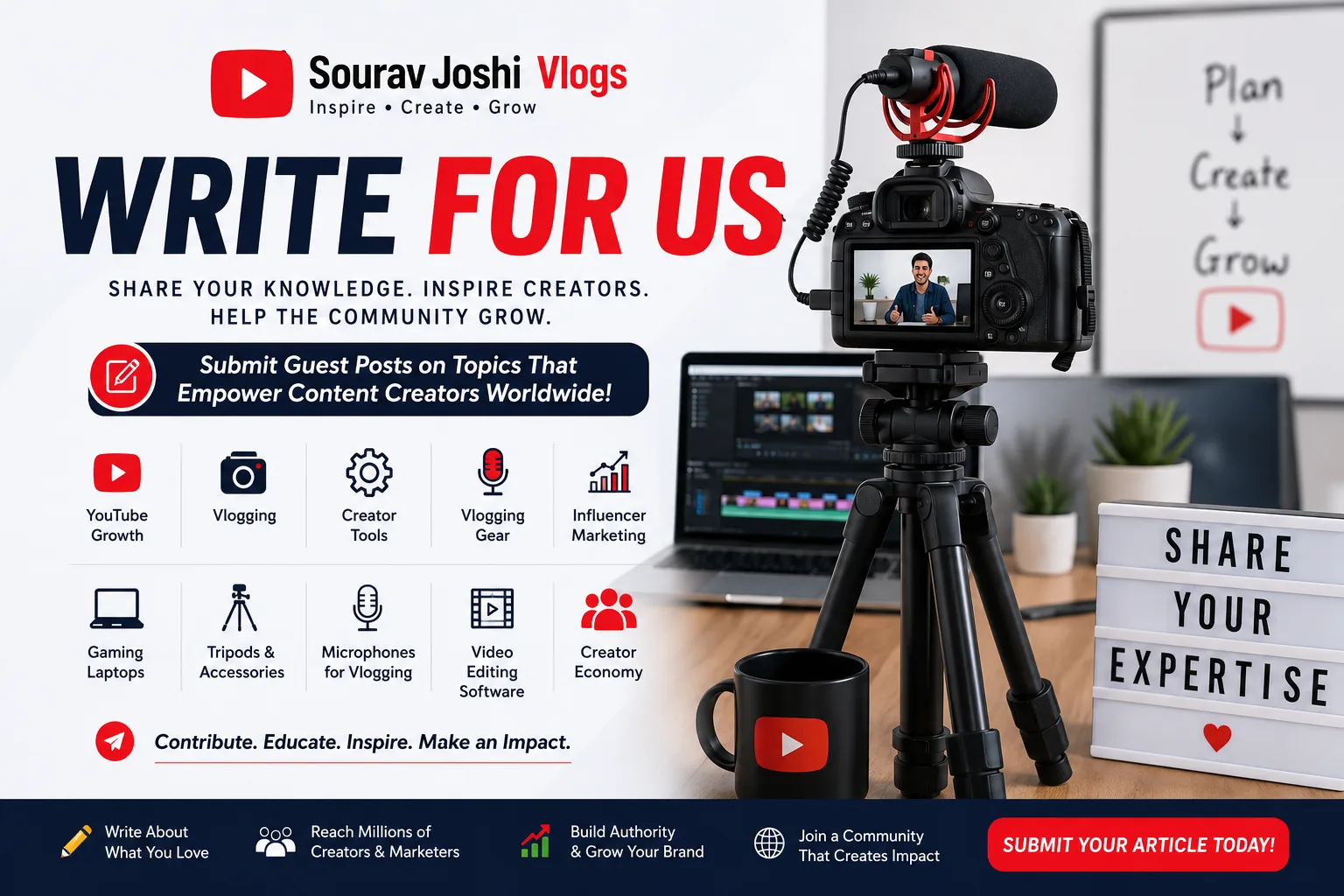 Write for Us page featuring YouTube vlogging setup with camera, microphone, tripod, creator tools, video editing software, and influencer marketing guest post submission for content creators.