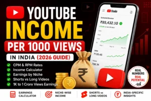 YouTube income per 1000 views in India (2026), including CPM and RPM rates, earnings calculator, niche-wise income comparison, Shorts vs long-form video earnings, and estimated revenue from 1K to 1 crore views.